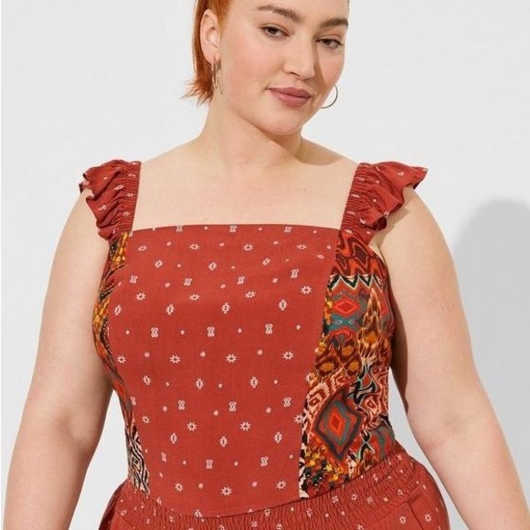 Torrid Challis Smocked Ruffle Trim Bossa Nova Geo Challis Smocked Plus Size 0 - Picture 1 of 13